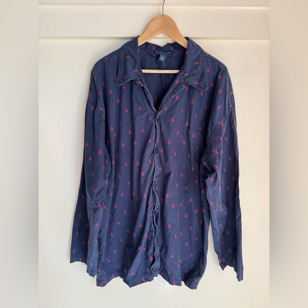 Polo Ralph Lauren Pajama Shirt Men’s XL Navy Allover Pony Print 100% Cotton - Picture 2 of 8